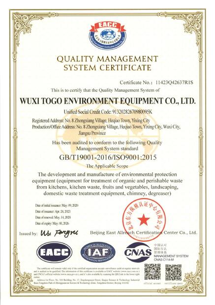 La CINA WuXi TOGO Environment Equipment Co., Ltd. Certificazioni