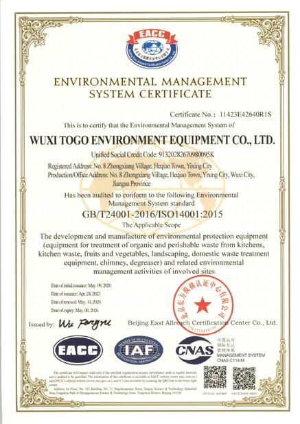 La CINA WuXi TOGO Environment Equipment Co., Ltd. Certificazioni