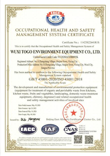La CINA WuXi TOGO Environment Equipment Co., Ltd. Certificazioni